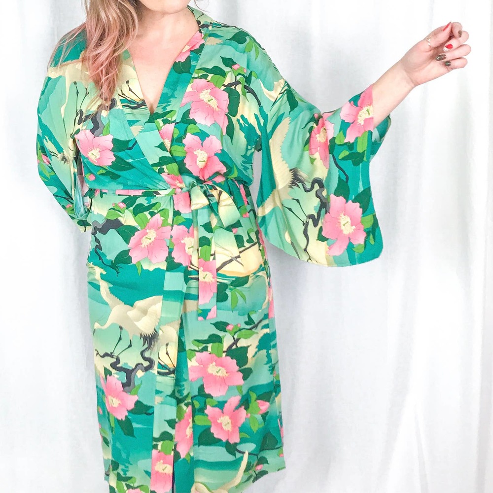 NWT Teal Crane & Lotus Floral Print Kimono Large